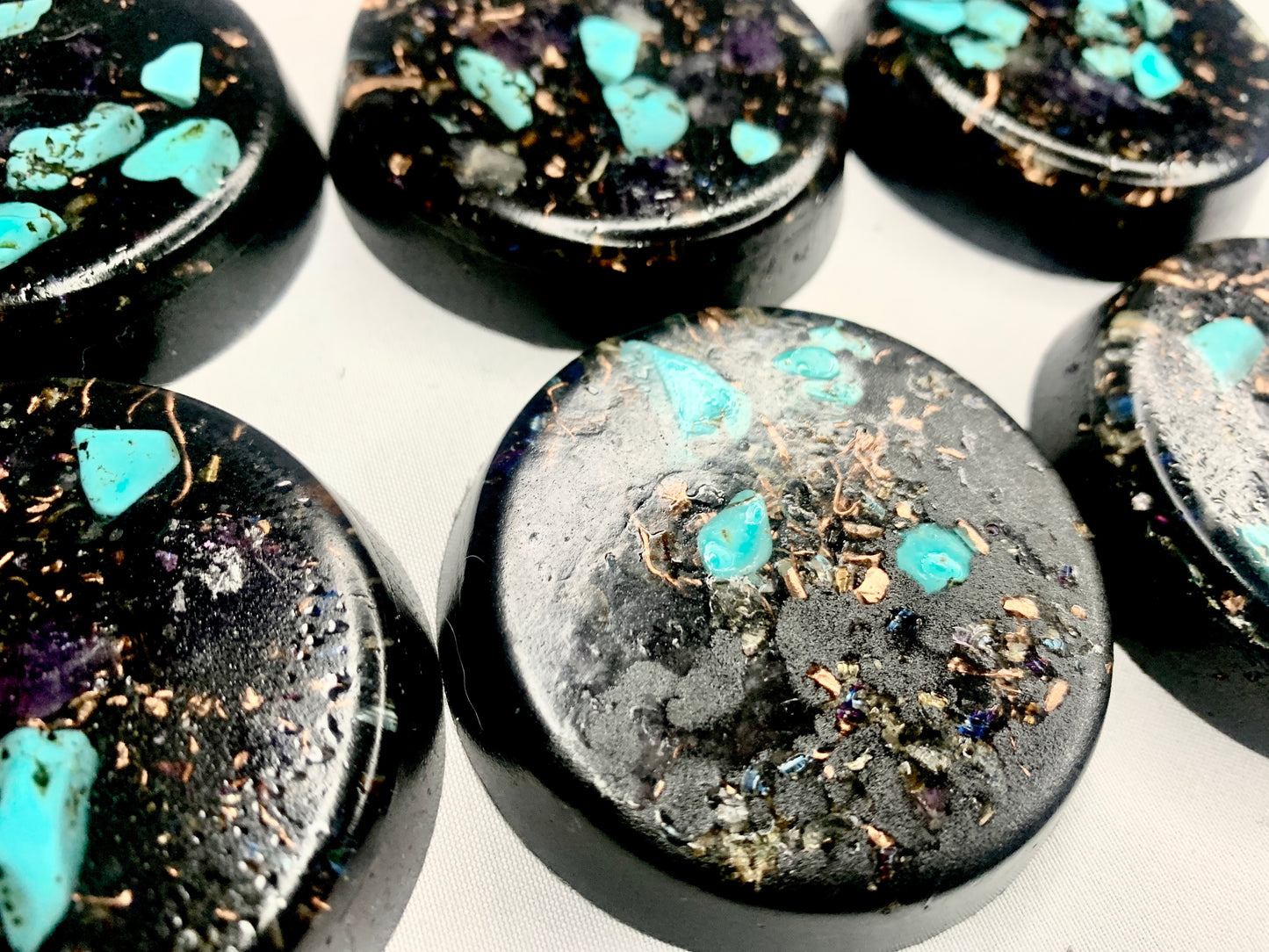 6 piece hand made Orgone Set with quartz crystal for emf protection home decoration or travel