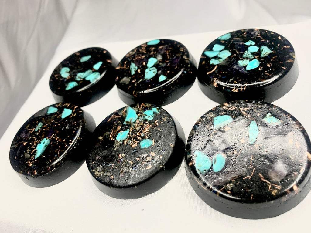 6 piece hand made Orgone Set with quartz crystal for emf protection home decoration or travel