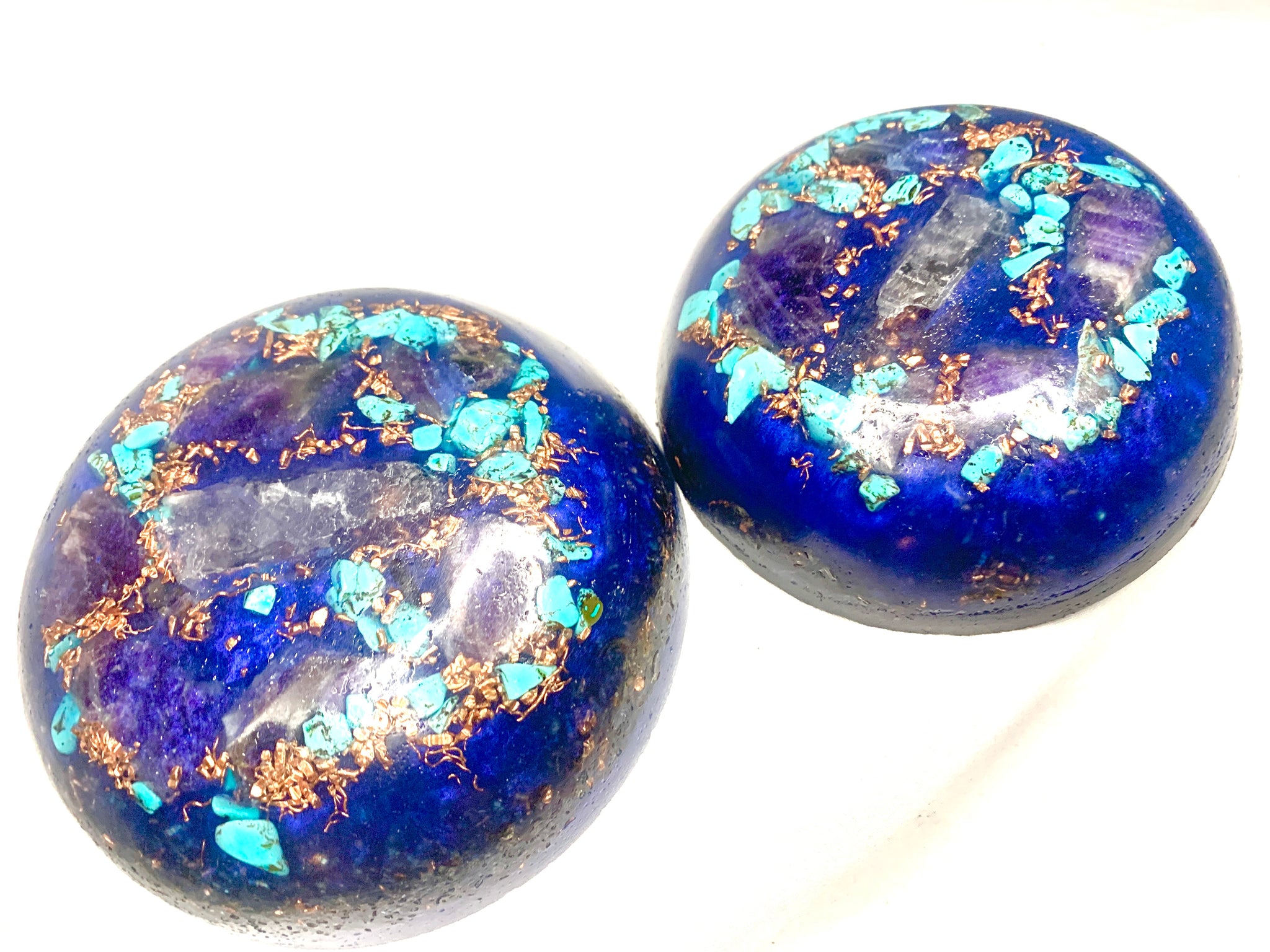 2 custom KayJay "Majestic Aqua" hand made quartz crystal Orgone Energy mini bunker busters