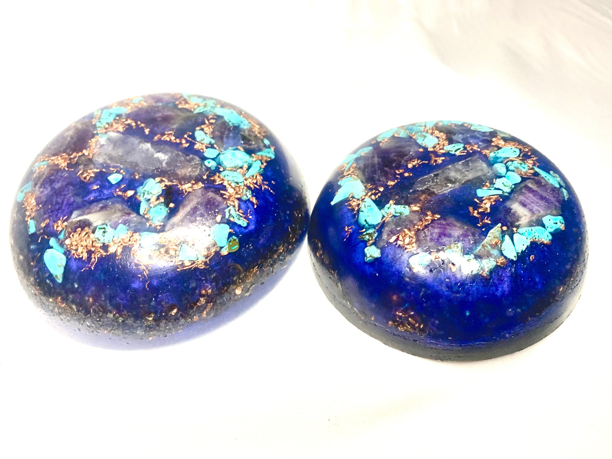 2 custom KayJay "Majestic Aqua" hand made quartz crystal Orgone Energy mini bunker busters